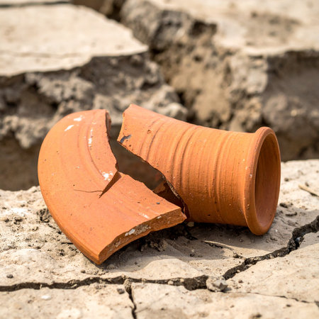 A broken terracotta pot lies abandoned on the sun-baked, cracked earth.の素材