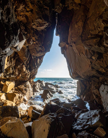 From the cool, dark interior of a rugged sea cave, a stunning view of the sunlit ocean emerges.の素材