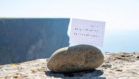 A simple, smooth stone acts as a paperweight, securing a handwritten note against the breeze on a sun-drenched cliff. The message, perhaps a poem or a memory, is left to be discovered against the vast, serene backdrop of the sea and sky.の素材
