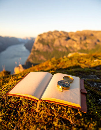 At the break of dawn, an open journal and a compass rest on a mossy clifftop, overlooking a majestic fjord. This scene captures the quiet moment of planning and anticipation before a great adventure begins, symbolizing a journey of discovery, finding ones path, and the call of the wild.の素材