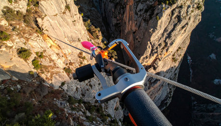 A thrilling first-person perspective of gripping a highline pulley, suspended hundreds of feet above a sun-kissed rocky canyon. This image captures the intense focus and exhilaration of extreme sports and facing ones fears.の素材