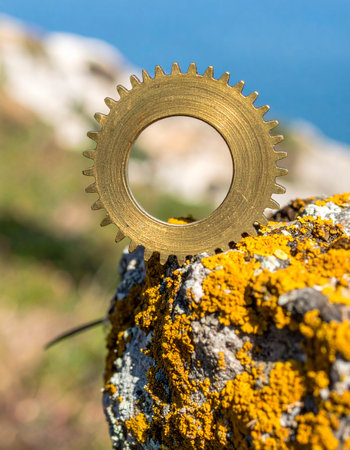 A single golden gear rests on a vibrant, lichen-covered rock, a relic of industry against a soft-focus coastal backdrop. This image evokes a sense of discovery, the passage of time, and the beautiful contrast between the mechanical and the natural world.の素材