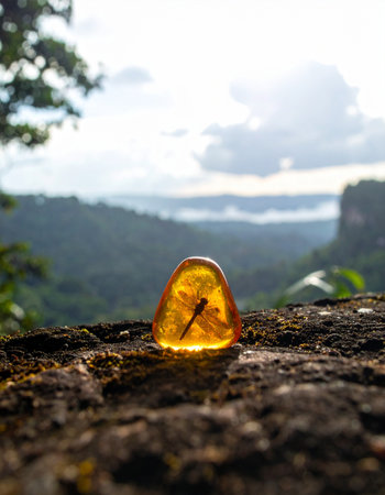 A piece of ancient amber glows in the soft light, revealing a perfectly preserved insect trapped within its golden prison. This natural time capsule offers a stunning glimpse into a prehistoric world, connecting the present day to a long-lost ecosystem millions of years in the past.の素材