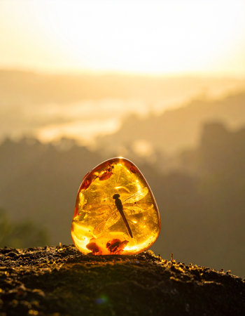 A prehistoric dragonfly is perfectly preserved within a glowing piece of amber, a natural time capsule from millions of years ago. Backlit by the warm, golden light of a beautiful sunset over a misty valley, this ancient fossil represents concepts of time, preservation, and the enduring beauty of nature.の素材