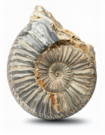 A perfectly preserved ammonite fossil, isolated on a white background, reveals the intricate spiral patterns of ancient marine life. This relic from a bygone era serves as a tangible connection to Earths deep history, symbolizing evolution, time, and the enduring beauty of natural forms.の素材