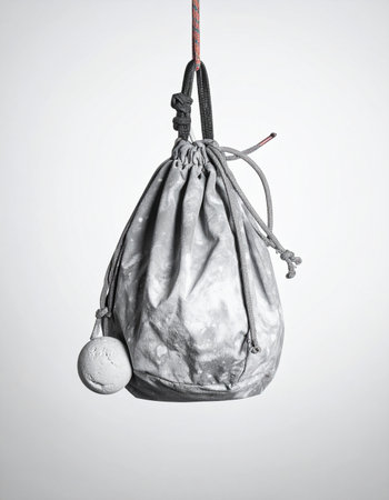 A single, weathered pouch hangs suspended in a stark, white space. Its metallic sheen and drawstring closure hint at valuable contents, perhaps ancient coins, magical runes, or a long-forgotten secret. A perfect visual for concepts of wealth, mystery, and adventure.の素材