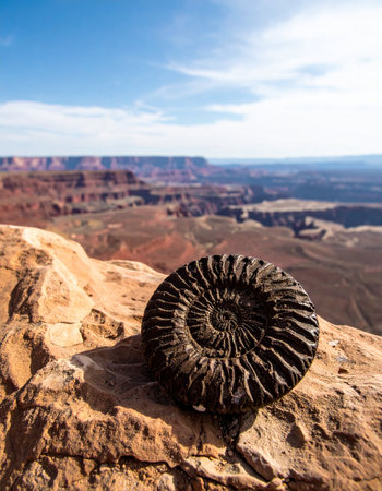 An ancient ammonite fossil, a relic from a prehistoric ocean, rests on a sun-drenched sandstone ledge. In the background, the vast, timeless expanse of a desert canyon stretches to the horizon, creating a powerful juxtaposition of geological time and natural history.の素材