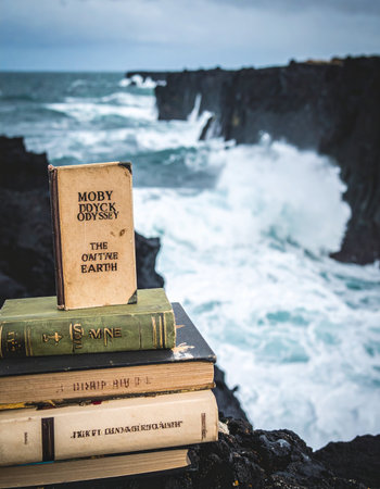 A stack of classic adventure novels rests on a rugged cliffside as powerful ocean waves crash in the background. This scene evokes a sense of epic storytelling, intellectual escape, and the untamed power of nature, perfect for concepts of imagination, journey, and exploration.の素材