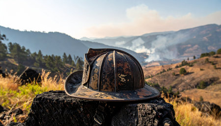 A lone, battered firefighters helmet rests on a charred tree stump, a silent testament to the bravery and sacrifice required to combat a raging wildfire. In the background, smoke still hangs in the air over the scorched hills, marking the end of a difficult battle against natures fury.の素材