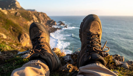 A first-person perspective of a hiker taking a well-deserved rest on a cliff edge. Worn hiking boots are in the foreground, framing a stunning view of the rugged coastline and ocean waves during a golden sunset. This image captures a moment of peace, accomplishment, and the spirit of adventure.の素材