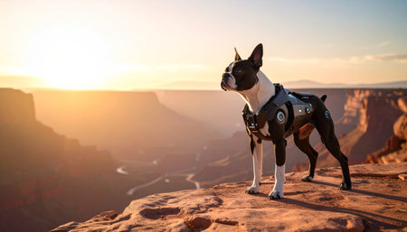 A loyal Boston Terrier stands proudly on a rocky cliff edge, watching the golden sun rise over a vast and majestic canyon. This image captures a moment of peaceful adventure, wanderlust, and the special bond between a pet and the great outdoors.の素材