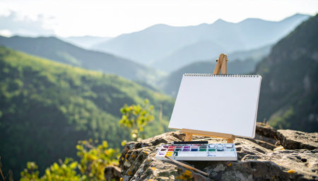 Perched on a rocky ledge with a breathtaking mountain valley unfolding below, a blank canvas awaits the first stroke of inspiration. This artists setup, complete with watercolor paints, represents a moment of pure potential and creative freedom in the heart of natures grand studio.の素材