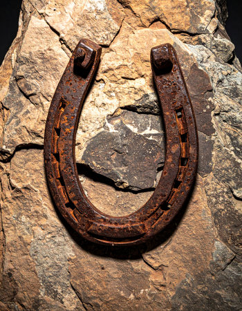 An old, weathered horseshoe, rich with rust and history, rests upon a rugged stone. A powerful symbol of good luck, fortune, and the enduring spirit of the past, this antique charm tells a story of journeys taken and strength that lasts.の素材
