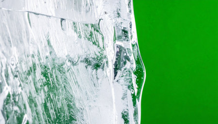A macro view reveals the intricate, frozen patterns of a clear ice block. Its crystalline structure contrasts sharply with the vibrant, uniform green background, creating a dynamic visual perfect for concepts of purity, refreshment, or as a versatile element for digital compositing and design.の素材