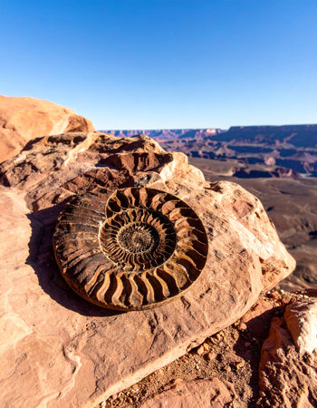 A perfectly preserved ammonite fossil, a relic from an ancient sea, rests on a sun-drenched rock overlooking a vast desert canyon. This image captures the immense scale of geological time, a testament to evolution and the planets dramatic history, inviting concepts of discovery, exploration, and the enduring power of nature.の素材