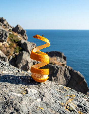 An artfully spiraled orange peel stands like a temporary sculpture on a rugged coastal rock, its vibrant color a striking contrast against the deep blue sea. This image captures a moment of creative playfulness and fresh vitality found in natures grand setting, symbolizing a healthy escape and the simple joys of a summer day by the ocean.の素材