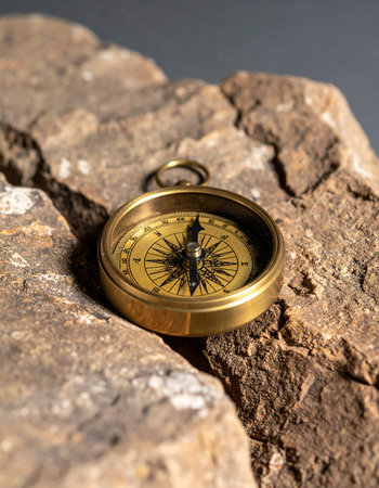 An antique brass compass rests upon a rugged stone, its needle steady and pointing north. This timeless instrument symbolizes guidance, direction, and the spirit of adventure, perfect for concepts related to finding ones path, strategic planning, or embarking on a new journey.の素材