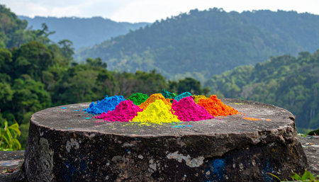 A vibrant explosion of Holi festival powders rests on an old tree stump, creating a striking contrast against the serene and sprawling green mountain landscape. This image captures a moment of joyful celebration harmoniously placed within the tranquility of nature.の素材