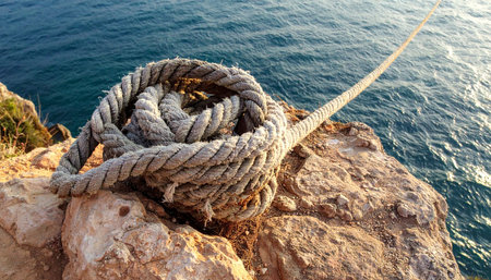 A thick, weathered mooring rope lies coiled on a sun-drenched cliff, a silent testament to countless journeys. Its sturdy fibers, anchored to the rock, speak of strength and stability against the vast, endless sea, evoking a sense of adventure and quiet resilience.の素材