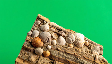 A collection of ancient seashell fossils are perfectly preserved within a piece of layered sedimentary rock. This geological specimen, set against a vibrant green background, tells a story of prehistoric marine life and the immense passage of time, bridging the gap between a long-lost ocean and modern scientific discovery.の素材