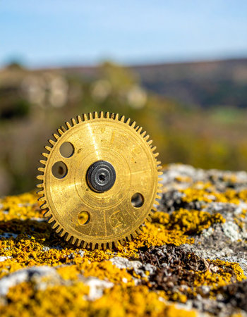 A single, intricate golden gear from a forgotten timepiece rests upon a sun-drenched, moss-covered rock. This striking image captures the beautiful juxtaposition of precise engineering and the wild, untamed beauty of nature, symbolizing the relentless passage of time against an enduring landscape.の素材