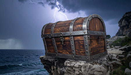 An ancient wooden treasure chest rests precariously on a rocky cliff, its secrets guarded by a raging storm. As lightning illuminates the dark sky and waves crash below, the scene evokes a sense of epic adventure, hidden riches, and the thrilling danger of a legendary quest.の素材