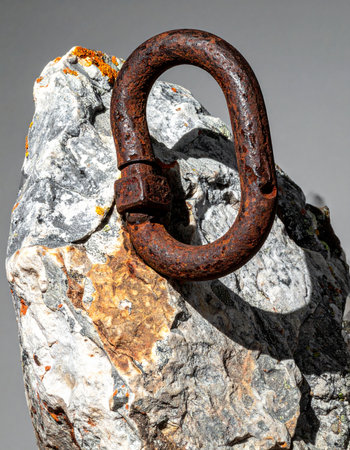 A forgotten relic from an industrial past, this heavily rusted chain link rests upon a raw mineral stone. The image evokes themes of strength, endurance, the passage of time, and the juxtaposition of man-made objects with the natural world.の素材