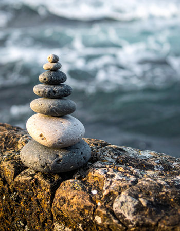 A carefully constructed stack of smooth stones stands in perfect balance against the backdrop of restless ocean waves. This serene scene captures a moment of quiet stability and mindfulness amidst the powerful, ever-changing motion of nature, symbolizing peace, patience, and inner harmony.の素材