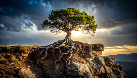 Against a dramatic sky at sunset, a solitary ancient tree stands firm on a rocky precipice. Its powerful, gnarled roots cling to the cliff edge, a timeless symbol of resilience, strength, and enduring life against all odds. This image represents perseverance, stability, and the profound power of nature.の素材