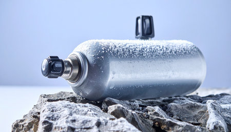 A frosted CO2 cylinder, chilled to the point of crystallization, rests on a rugged natural stone. This powerful image captures the raw energy of compressed gas, symbolizing modern refreshment, sustainability, and the pure, crisp essence of carbonation.の素材