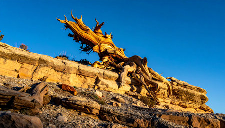 Bathed in the warm glow of the golden hour, an ancient bristlecone pine clings to a rocky cliffside. Its gnarled, twisted form tells a story of millennia of survival against harsh elements, a timeless symbol of resilience and endurance in the high-altitude wilderness.の素材