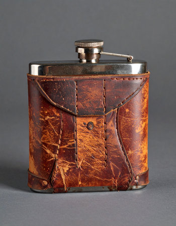 A well-traveled companion, this antique leather-wrapped hip flask holds stories of past adventures and quiet moments. Its worn, stitched leather case and classic design evoke a sense of heritage, perfect for themes of nostalgia, masculinity, and timeless style.の素材