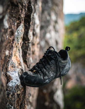 A close-up detail shot captures the intense moment of connection between a climber and the mountain. The specialized, chalk-dusted climbing shoe finds a precarious grip on the textured rock face, symbolizing the focus, strength, and determination required for this challenging outdoor sport.の素材