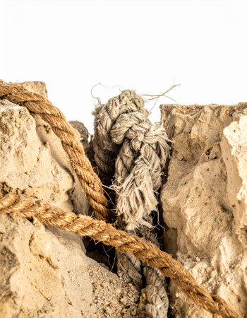 A thick, weathered rope, strained to its absolute limit, finally snaps. This powerful visual captures the concept of a breaking point, symbolizing failure, immense stress, and the critical moment when a connection is severed. Isolated against a stark background, the frayed fibers tell a story of struggle and vulnerability.の素材
