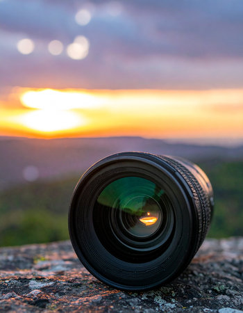 A camera lens rests on a rugged stone, perfectly positioned to capture the breathtaking beauty of a golden sunset. The warm light reflects in the glass, symbolizing the passion for photography and the art of preserving fleeting moments in natures grand spectacle. A perfect concept for creativity, travel, and inspiration.の素材