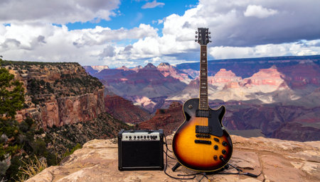 An electric guitar and amplifier rest on the edge of a vast canyon, poised to fill natures grandest amphitheater with sound. This image captures the ultimate fusion of musical passion and the raw, majestic beauty of the great outdoors, symbolizing creative freedom and epic inspiration.の素材