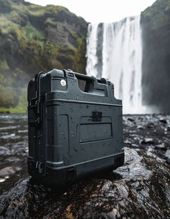 A tough, waterproof hard case stands resiliently on wet rocks, showcasing its durability against the powerful spray of a majestic waterfall in the background. This image symbolizes protection, adventure, and the safety of valuable equipment in extreme natural environments.の素材