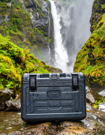 A rugged, waterproof case sits securely on mossy rocks, safeguarding valuable contents against the powerful spray of a majestic waterfall. This image symbolizes ultimate protection, durability, and readiness for any adventure, blending modern technology with the untamed beauty of the wilderness.の素材