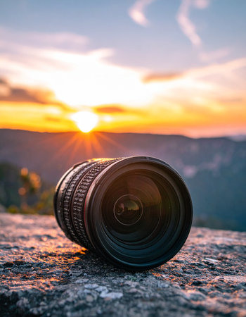 A photographers lens rests on a rugged mountain peak, perfectly positioned to capture the last golden rays of a breathtaking sunset. This image embodies the spirit of adventure and the passion for storytelling through the art of landscape photography.の素材