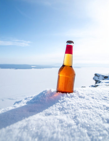 A single bottle of beer cools in the crisp, white snow under a bright, sunny sky. This image evokes a sense of ultimate refreshment and reward after a day of winter adventure, capturing a moment of quiet celebration in a vast, serene landscape.の素材