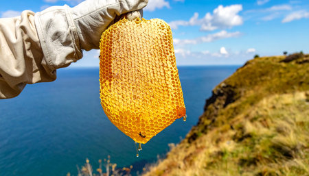 A beekeeper proudly holds up a frame of fresh, golden honeycomb dripping with pure honey against a stunning backdrop of a rugged cliff and the vast blue ocean. This image captures the essence of natural, sustainable apiculture and the sweet rewards of working in harmony with nature.の素材