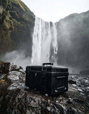 A rugged, waterproof equipment case stands firm on the wet, volcanic rocks at the base of the magnificent Skの素材
