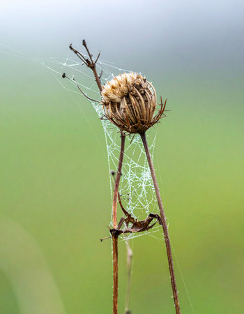As autumn fades, a withered wildflower stands as a testament to the seasons end. An intricate spiderweb, jeweled with morning dew, delicately wraps around its fragile form, showcasing the persistent and subtle beauty found in natures life cycle.の素材