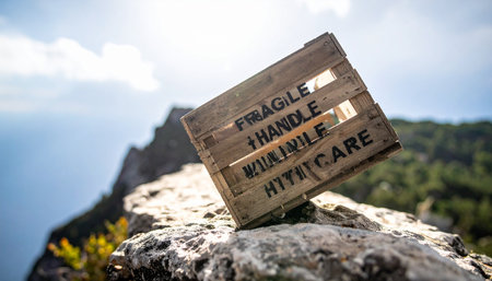 A weathered wooden crate marked Fragile Handle With Care rests precariously on a rocky cliff edge. This powerful visual metaphor represents vulnerability, risk, and the importance of protecting what is precious, set against a vast and indifferent natural landscape.の素材