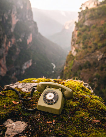 An old rotary phone sits abandoned on a moss-covered rock, its silent presence a strange mystery in a vast, misty canyon. This surreal image evokes themes of lost communication, forgotten technology, and the quiet power of nature.の素材