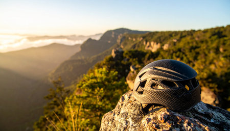 A climbing helmet rests after a successful ascent, overlooking a breathtaking sunrise filtering through the mountain valleys. This image captures the quiet moment of achievement and the serene beauty of the wilderness at dawn, symbolizing adventure, perseverance, and the rewards of exploration.の素材