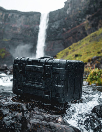 A heavy-duty, waterproof equipment case rests securely on wet rocks, braving the spray from a powerful waterfall in a remote, wild landscape. This image symbolizes ultimate protection, durability, and readiness for any adventure, ensuring valuable gear is safe in extreme environments.の素材