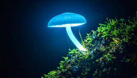 In the deep, quiet of a midnight forest, a single mushroom casts an ethereal blue glow. This magical, bioluminescent fungus illuminates the surrounding moss, creating a scene of surreal beauty and natural wonder, like a hidden secret of the enchanted woods.の素材