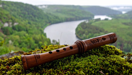 An ancient wooden folk flute rests on a bed of soft moss, its silent form overlooking a majestic, winding river. The scene evokes a sense of tranquility, connecting the timeless melody of traditional music with the enduring beauty of the natural landscape, perfect for themes of peace, heritage, and meditation.の素材