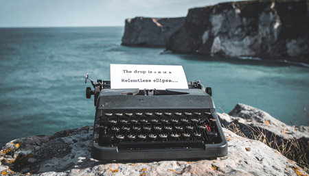 A vintage typewriter rests on a rugged cliff overlooking the vast ocean, symbolizing a writers solitude and the powerful connection between creativity and the natural world. This atmospheric scene evokes feelings of nostalgia, inspiration, and timeless storytelling.の素材